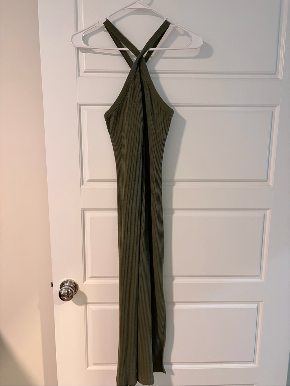 Olive Ribbed Cross-Back Maxi Dress